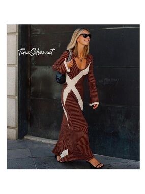 BLOGGER'S FAVE! Zara Striped Midi Dress Brown Sz XS, Small NWT